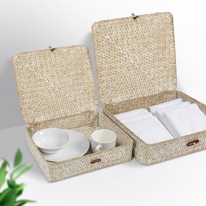 Set of 2 Flat Seagrass Storage Bins with Lid Wicker Storage Baskets for Organizing, Woven Shelf Organizer Bins Home Utility Organizer Box for Home & Office Supplies