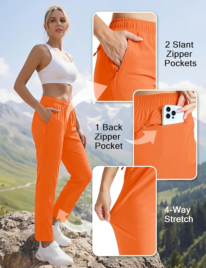 MAGCOMSEN Women's Hiking Pants Lightweight Quick Dry UPF 50 Water Resistant Elastic Waist Golf Travel Pants Zip Pockets
