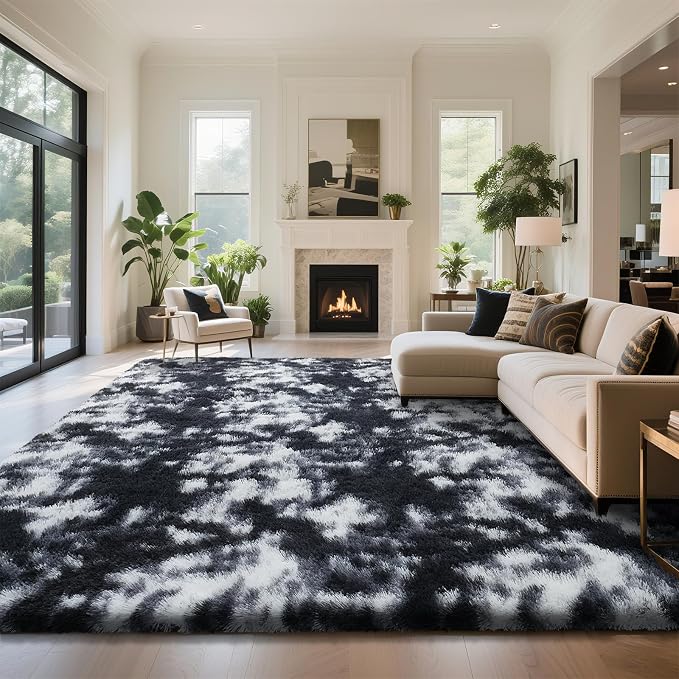 yongyangjuxin Fluffy Rug Shag Area Rug, Mottling Black 6x9 Area Rugs for Living Room, Large Shag Area Rugs for Bedroom Room Home Decor, Upgrade Anti-Skid Rectangular Fuzzy Rugs