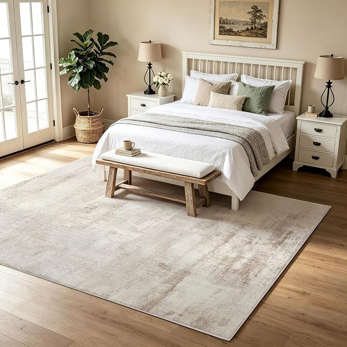 Washable Rugs 8x10 Area Rugs for Living Room - Modern Abstract Rugs for Bedroom,Dining Room,Large Soft Low Pile Carpet with Non Slip Rubber Backing,Neutral Accent Nursery Rug- Yello Brown