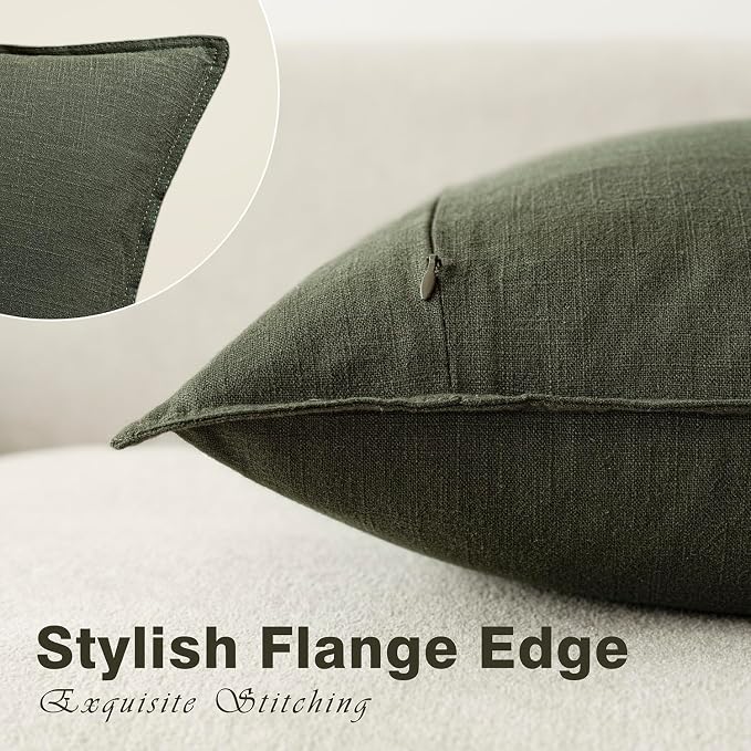 Foindtower Pack of 2, Decorative Linen Solid Throw Pillow Covers Accent Lumbar Cushion Case Boho Farmhouse Pillowcase for Chair Couch Sofa Bedroom Living Room Home Decor 12 x 20 Inch Dark Olive Green