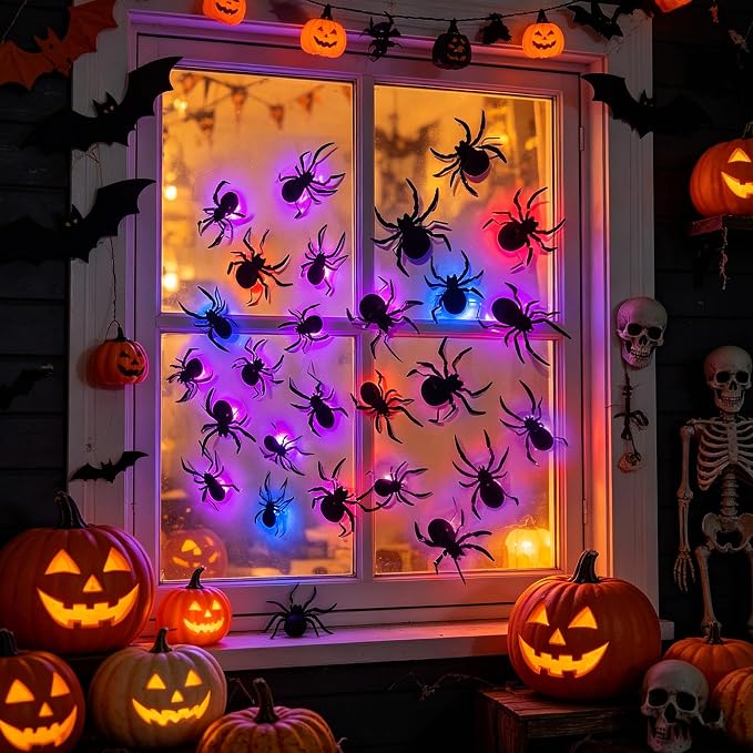 DR.DUDU 36 Pack Halloween Wall Decor Light up Spiders Window Decorations | Multi-Color LEDs, 3D Spider Stickers, Removable Wall Decals, Assorted Sizes, For Indoor Outdoor Bathroom Home Party