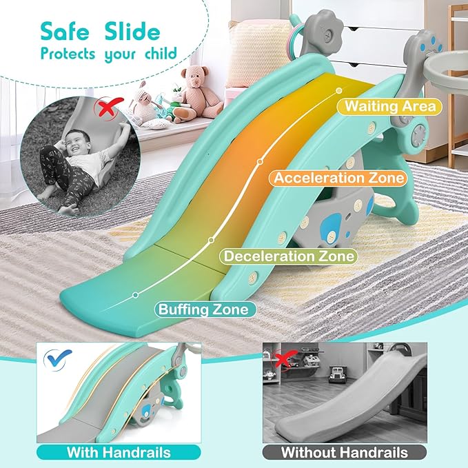 HONEY JOY Toddler Slide Rocking Toy, 6 in 1 Convertible Freestanding Slide for Kids w/Basketball Hoop/Ring Toss Game/Rocking Horse/Stool, Foldable Baby Climber Playground Slide for Indoors Outdoors