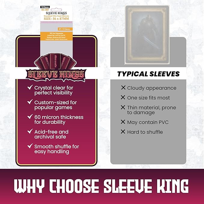 Sleeve Kings Standard Card Sleeves – 110 Count, Clear 60 Micron Thickness, Medium USA Size (56 x 87 mm), Compatible with Heat: Pedal to the Metal & More – SKU: SKS-8807
