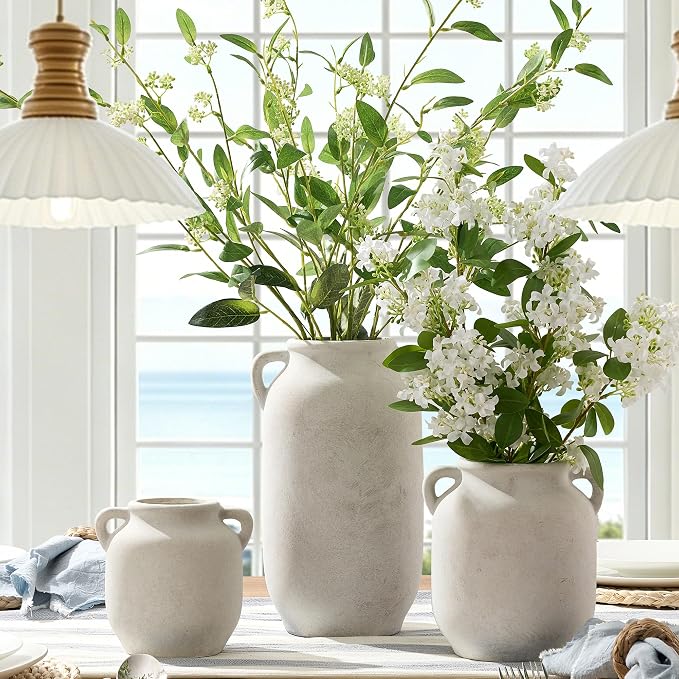 Vanselia Ceramic Flower Vase Home Table Decor Living Room Farmhouse 6 in | Small White Rustic Decorative Flowers Vases Plant Modern Decoration for Kitchen Shelf Coffee Dining Centerpieces Desk
