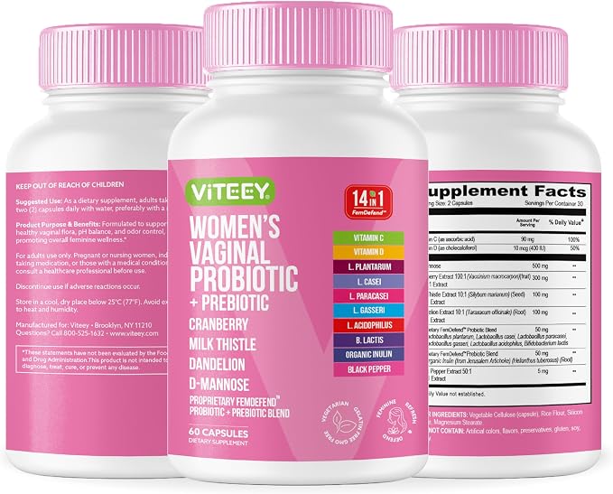 Viteey Vaginal Probiotic for Women - 14in1 FemDefend | Women’s Probiotic + Prebiotic with Cranberry & D Mannose – Vaginal Health & Urinary Tract Support Supplement – 60 Capsules