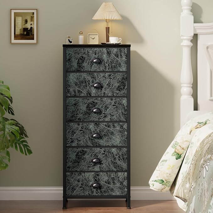 Dresser for Bedroom, 6 Drawer Tall Storage Tower Unit and Chest | Vintage Green Fabric Drawer Organizer in Dorm, Vertical Tall Nightstand Furniture in Living Room,Closet, Metal Frame,Wood Top