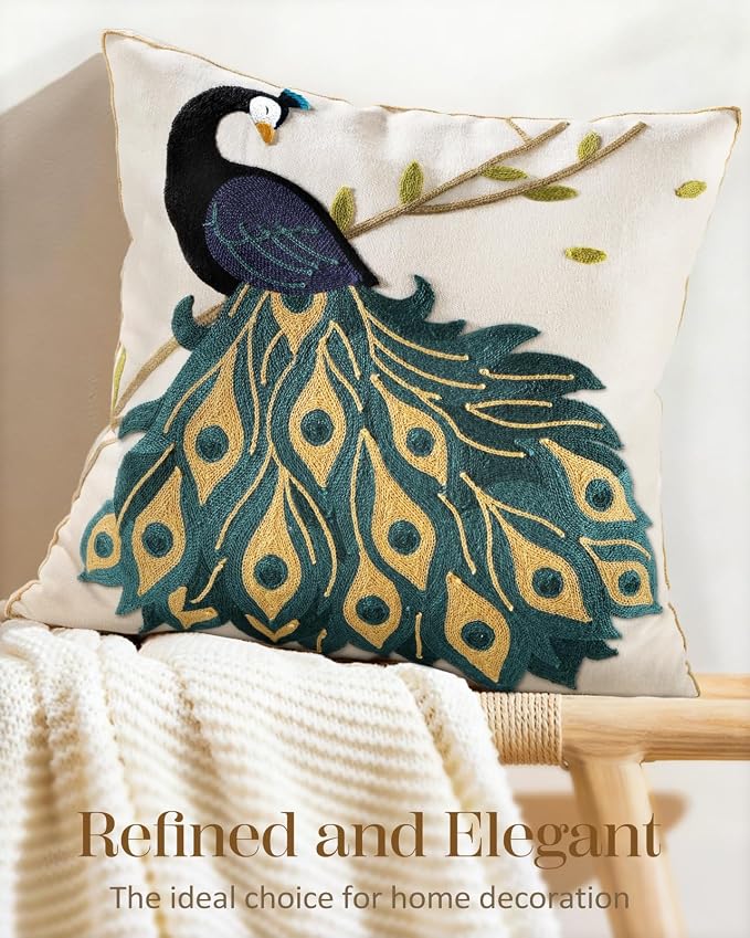 Animal Embroidered Throw Pillow Cover 18x18 Inch, Peacock | Decorative Pillow Cover, Boho Cushion Cases with Hidden Zipper, Country Decor for Couch, Sofa, Living Room, Bedroom