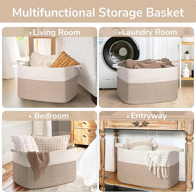 Goodpick 85L Large Woven Rope Blanket Basket, White & Light Brown | 23.6'' x 15.7'' x 13.8'' Storage Basket for Blankets, Toys & Clothes, Nursery & Bedroom Organization, Reinforced Handles