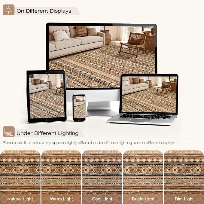 cotiled 5x7 Area Rugs Living Room Rug: Washable Boho Rugs with Non Slip Backing Large Soft Indoor Stain Resistant Carpet for Bedroom Farmhouse Dining Room Lightweight Home Decor Brown/Beige