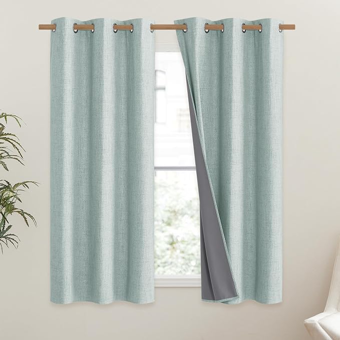 NICETOWN 100% Absolutely Blackout Linen Curtains with Thermal Insulated White Liner, Seafoam Green, 42 inches Wide, 63 inches Length Energy Saving Curtains for Kitchen 2 Panels Set, Vertical Blinds