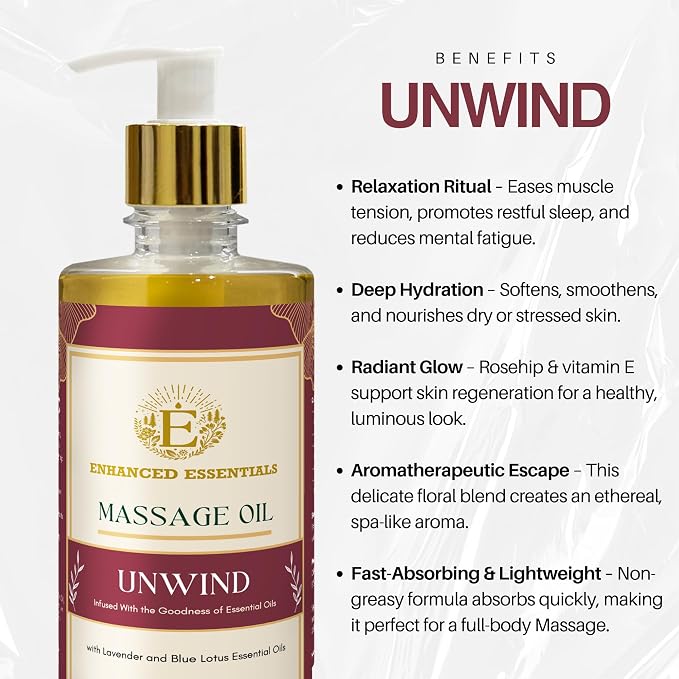 Unwind Massage Oil with Rosehip,Apricot & Vitamin E by |Scented with Pure Essential Oils only|Silky,Relaxing & Nourishing|Ideal for Date Nights||16.9 fl oz (500ml)