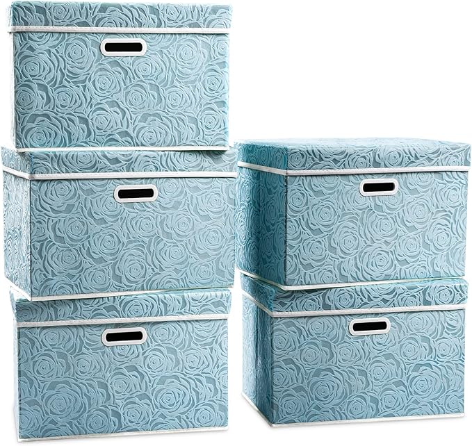 Stackable Storage Cubes with Lids [5-Pack] Fabric Decorative Storage Box Bins Organizer Containers Baskets with Cover Handles Divider for Bedroom Closet Living Room Blue 14.9x9.8x9.8 Inch