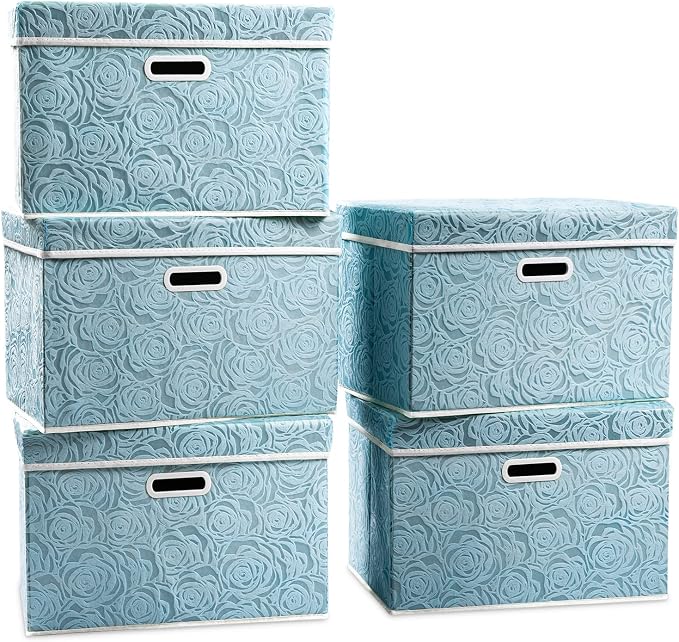 Large Collapsible Storage Boxes with Lids [5-Pack] Fabric Decorative Storage Bins Cubes Organizer Containers Baskets with Cover Handles for Bedroom Closet Nursery Blue 17.5x11.8x11.8 Inch
