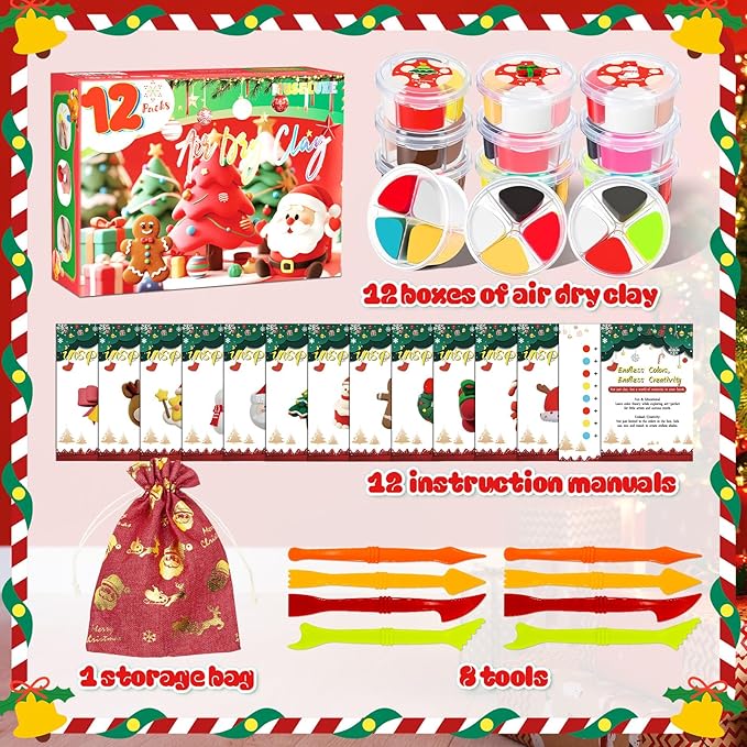 MuseLuxe Air Dry Clay - 12 Boxes Christmas Modeling Clay Kit with 8 Sculpting Tools,Safe & Non-Toxic,DIY Magic Gifts Toys for Boys,Girls,Kids