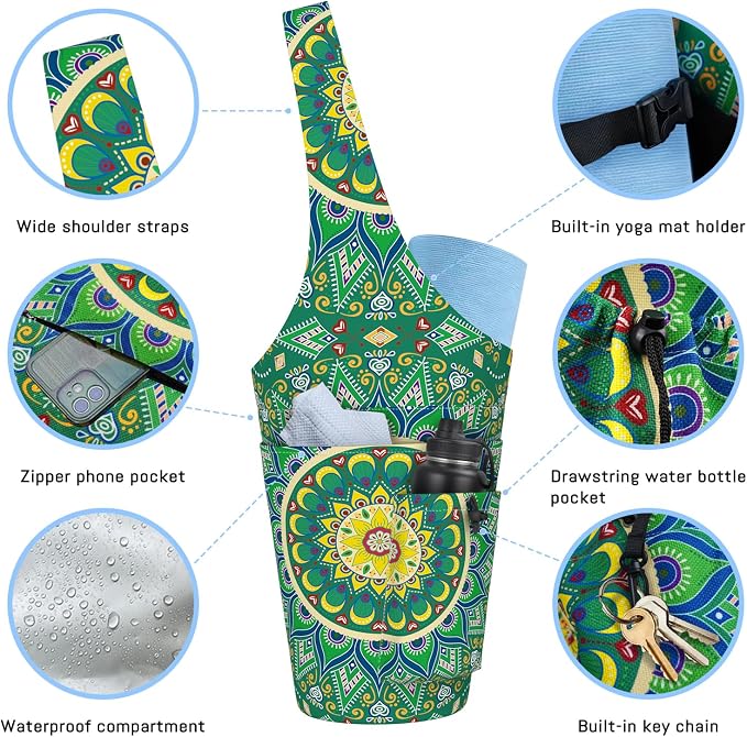 Mandala Yoga Mat Bag with Large Waterproof Zipper Pocket and Drawstring Pocket Long Tote Yoga Mat Carrier Holder Bags Fit Most Size Mats