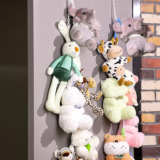2 Pcs Stuffed Animals Storage Chain Hanging Stuffed Animal Organizer with 40 Plastic Clips 79'' Plush Toys Display Holder with Hooks for Wall Decor Bedroom Play Room Storage Hats Socks Cards