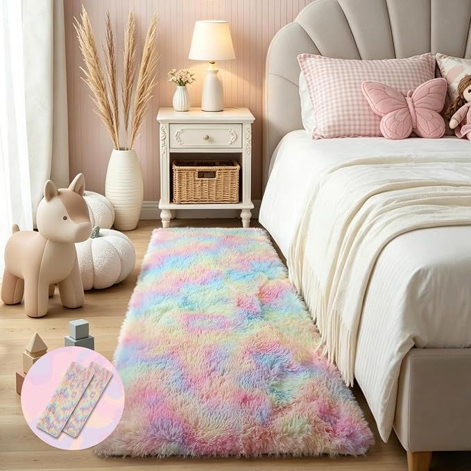 KCHOWUA Rainbow Unicorn Fluffy Fuzzy Rug 2x6, 2 Pcs Washable Non Slip | Soft shaggy area rug for girls bedroom, princess kids room, living room, nursery, dorm, and classroom