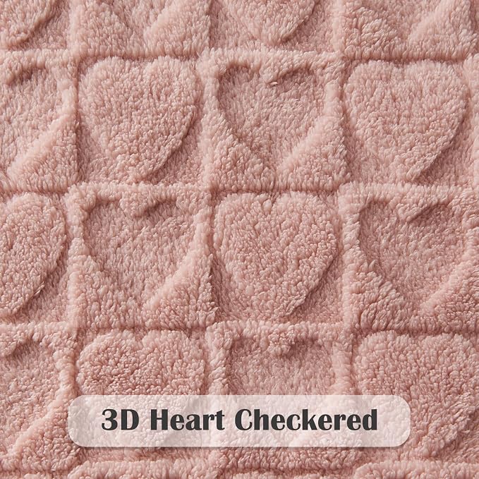 NEWCOSPLAY 3D Heart Checkered Flannel Queen Blanket, Dusty Pink, 90"x90" | Super Soft Cute Lightweight Decorative Premium Silky Fleece Blanket for Couch Sofa Bed, Gift for Women Men, All Season Use