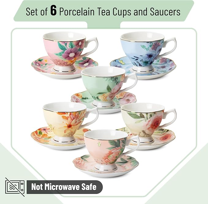BTaT- Floral Tea Cups and Saucers, 6 Pack, 8 oz | Fine Porcelain Teacup Set Gold Trim Afternoon Tea Weddings Parties Gifting Dishwasher Safe Lightweight Non Toxic