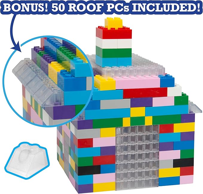 SCS Direct Building Block Bricks - 1000 Pc Bulk Set of Unique Clear Color with 54 Roof Pieces - Great for Activity Tables, Creativity & School Projects