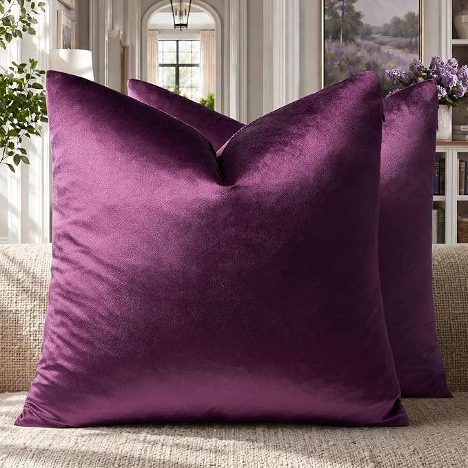 GIGIZAZA Velvet Pillow Covers 20x20 Decorative Pillows Pack of 2 Purple | Throw Pillows for Couch Sofa,280gsm Soft Textured Fabric,Luxury Modern Square Pillowcases,Home Decor Cushion Covers