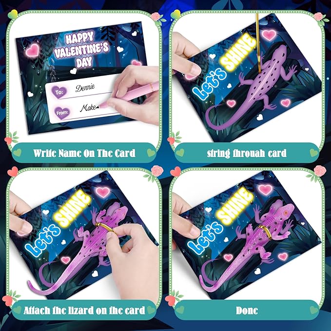 24 Pack Valentine's Day Cards for Kids with Glow in The Dark Lizard Toys, Valentines Day Gifts for Kids School Classroom Exchange, Valentine's Party Favors & Prizes for Kids
