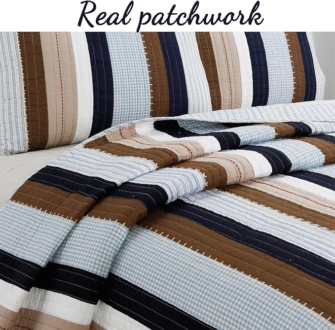 Cozy Line Home Fashions Sailor Navy Blue Star Striped Print Cotton Reversible Bedding Quilt Set (Nathan Stripe, Twin)
