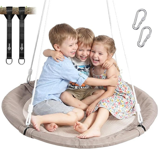 Trekassy 700lb 40 Inch Saucer Tree Swing for Kids Adults Outdoor 900D Oxford Waterproof with 2pcs Tree Hanging Straps, Steel Frame and Adjustable Ropes, Taupe