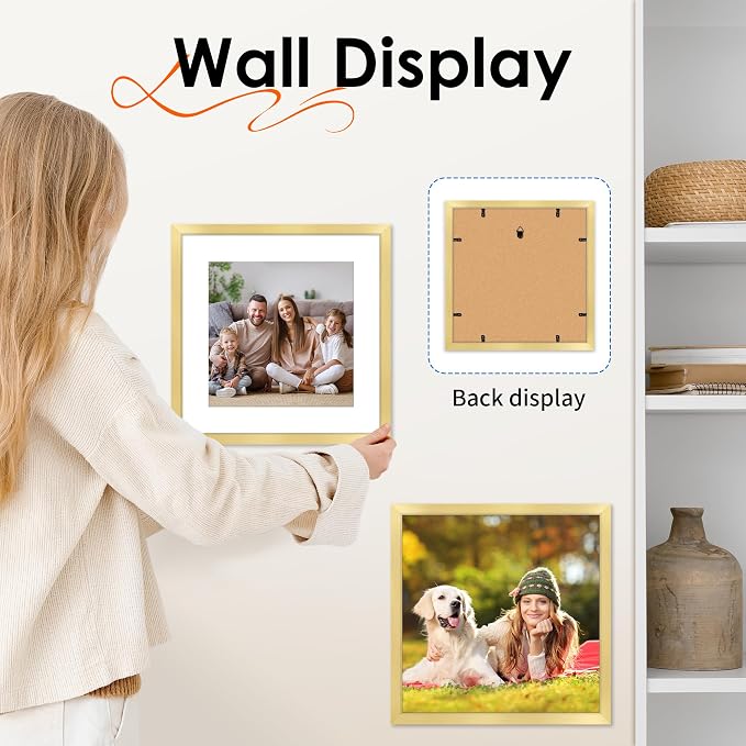 12x12 Picture Frame Gold Set of 2, Photo Frame with HD Plexiglass, Display Pictures 8x8 with Mat or 11x17 Without Mat, Gold Picture Frames Collage Wall Decor, Gallary Wall Frame