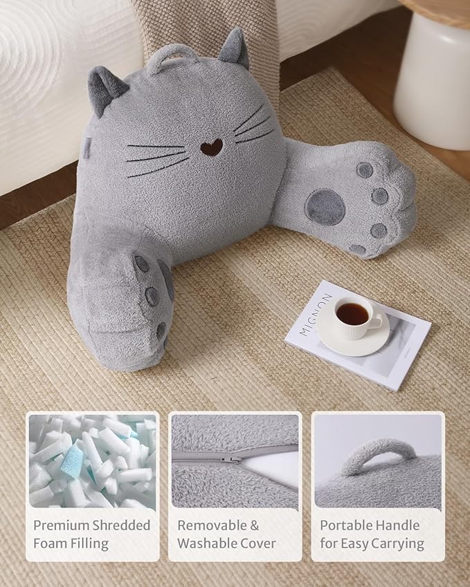 Blissful Diary Kitty Reading Pillow for Kids/Teens/Adults, Back Rest Pillow for Sitting Up in Bed with Shredded Memory Foam, Includes Arms and Washable Cover, Light Gray