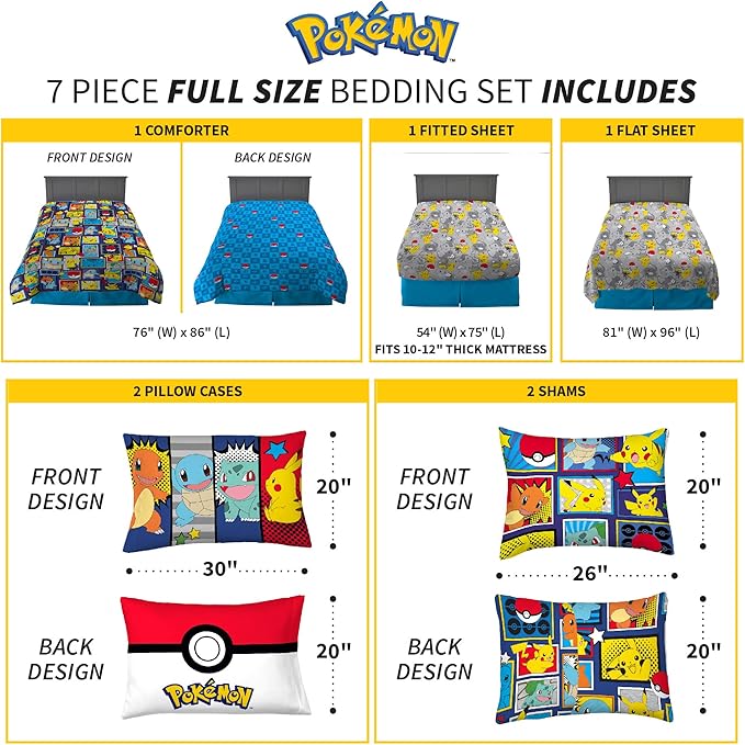 Pokémon Pikachu Full Size Bedding Set – Kids Bedding Super Soft Cozy Reversible Comforter and Sheet Set with Sham, 7 Piece Full Size, (Officially Licensed Product) by Franco