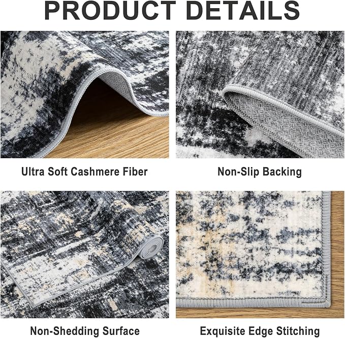 Area Rugs 10x14 Living Room - Washable Rug Modern Abstract Soft Large Neutral Non-Slip Carpet Indoor Floor Thin Carpets for Bedroom Dining Room Farmhouse Nursery Home Office Black Gold