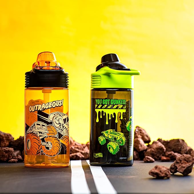 Zak Designs Hot Wheels Sage Kids Water Bottle For School or Travel, 16oz Durable Plastic Water Bottle With Straw, Handle, and Leak-Proof, Pop-Up Spout Cover, 2-Pack Set (Monster Trucks)