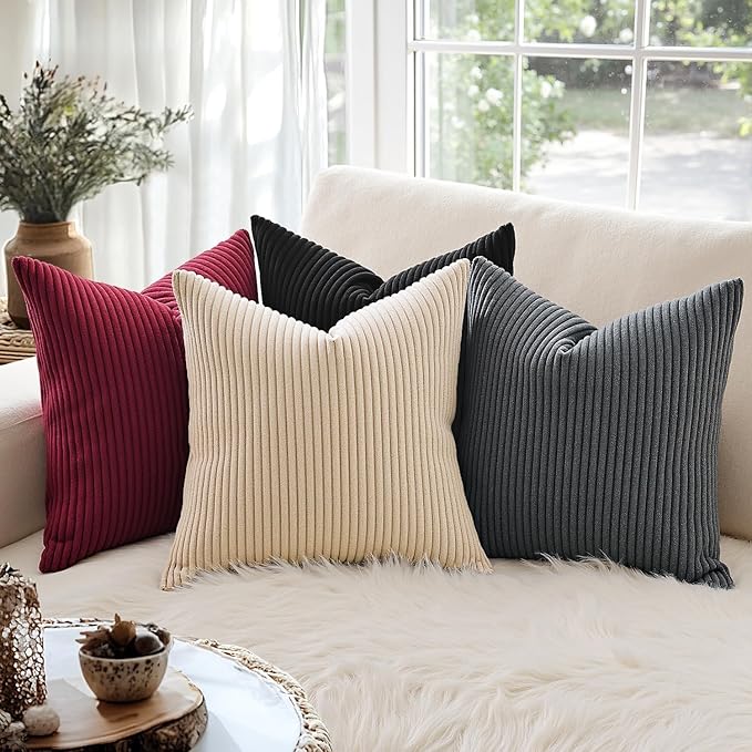 MIULEE Decorative Corduroy Throw Pillow Covers Set of 2 20x20 Burgundy | Soft Striped Textured Cushion Cases, Boho Energetic Vibe Pillowcases for Home Decor, for Couch Chair Sofa Bed Living Room