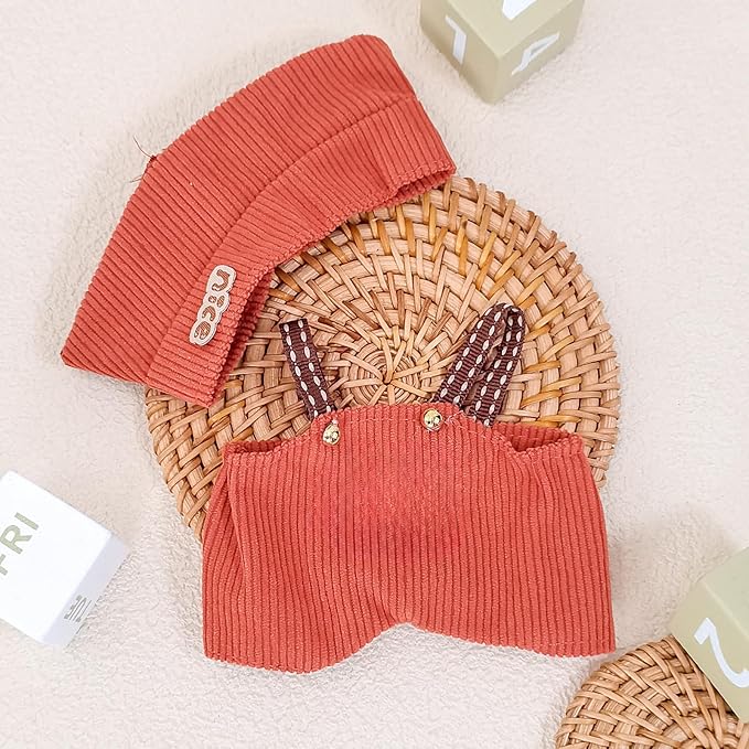 Doll Clothes for 17cm Dolls, Cute Outfit Set with Accessories, Bucket Hat and Overalls (No Doll) (Rust Overalls Set)