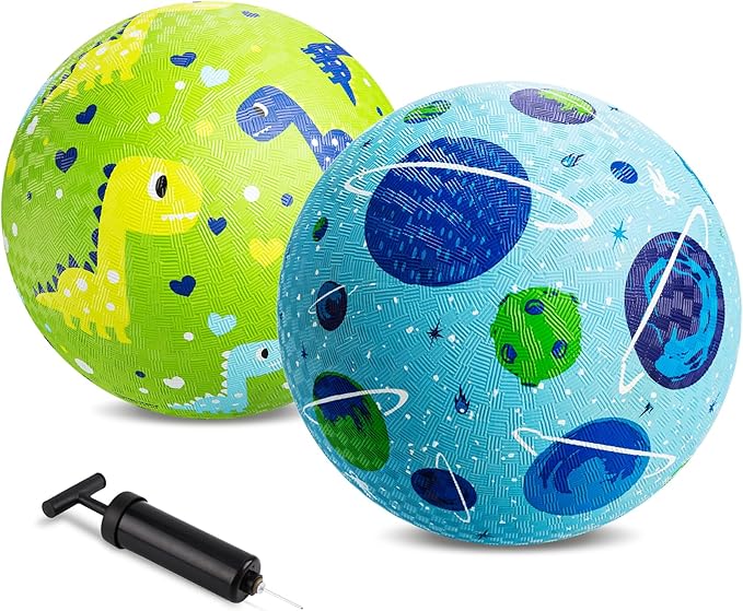 ZOOJOY Pack of 2 Cartoon Playground Balls, Balls for Toddler 3-12, 8.5" Rubber Ball Bouncy Kickball, Indoor & Outdoor Ball Game for Kids with Pump