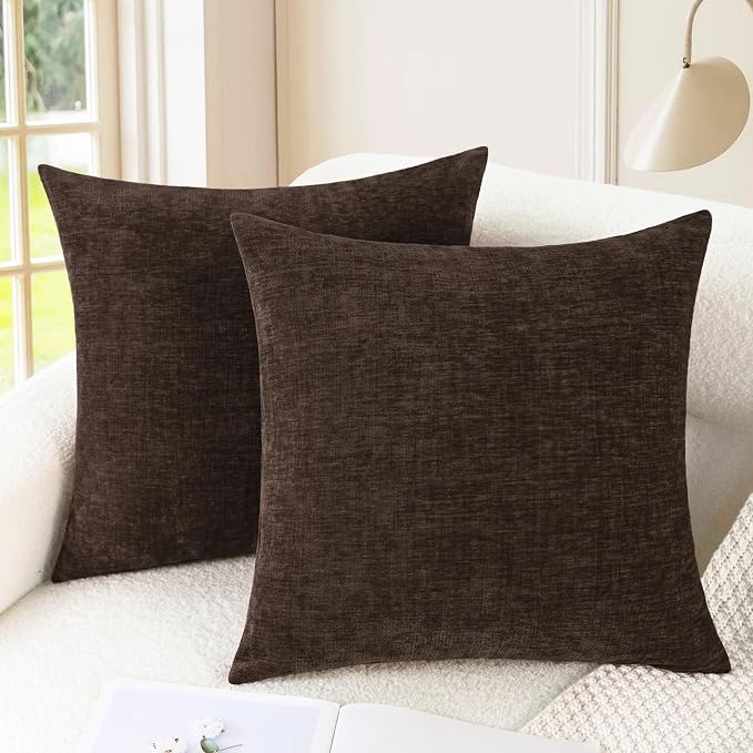 CaliTime Decorative Couch Throw Pillow Covers 22 X 22 Inches Coffee | Pack of 2, Cozy Chenille Cushion Cases for Sofa Bed Living Room Farmhouse Home