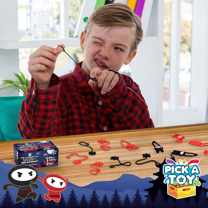 12 Pc. Ninja Toys Set with Stretchy Flying Ninjas and Colorful Throwing Stars Slingshots, Flexible and Sticky Elastic, Fun Birthday Party Favors for Boys and Girls