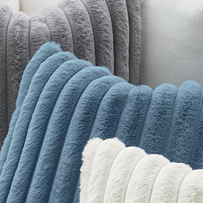 MIULEE Faux Fur Lumbar Throw Pillow Covers 12x20 Set of 2 Grey Blue | Coastal Modern Soft Plush Couch Pillows, Cozy Fluffy Cushion Covers for Sofa Bed Living Room Home Decor