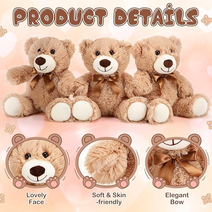 HyDren 12 Pieces Valentines Bears Stuffed Animals Soft Plush Toy Bears for Birthday Party Easter Wedding Baby Shower Christian Charity Donation Supplies(Light Brown)