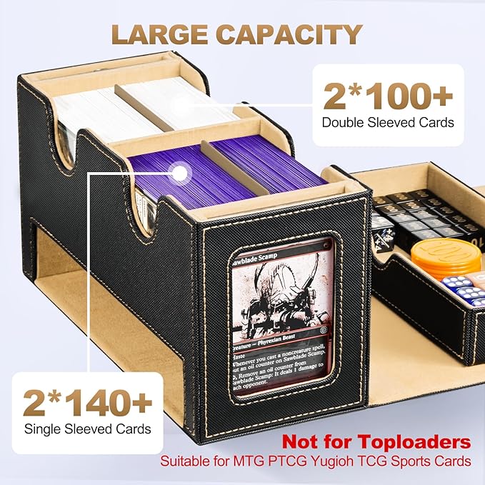 UAONO MTG Deck Box with 2 Commander Display and Dice Tray-Patented Design, Double Deck Box for 280+ Single Sleeved Cards, Leather Magnetic Card Storage Box Fits for TCG CCG Magic Cards (Black&Khaki)
