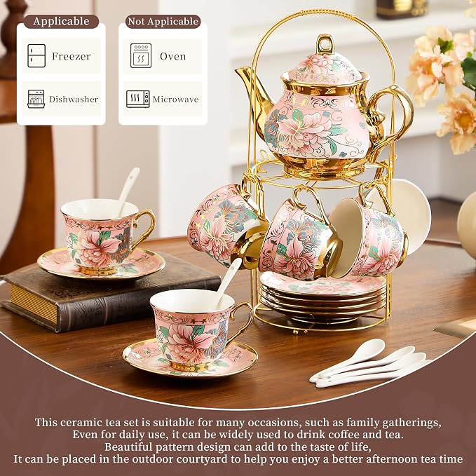 20 Pieces Porcelain Tea Set With Metal Holder, European Ceramic tea set for adults,Flower Tea Set,Tea Set For Women With Flower Painting (Large version, Pink)