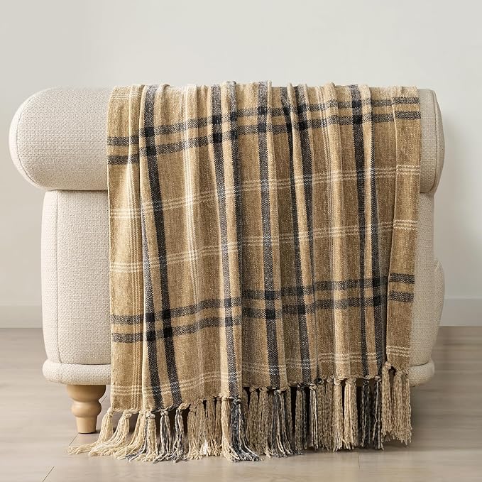 Plaid Chenille Knit Throw Blanket for Couch, 50"x60", Khaki Grey | Super Soft Knitted Throw with Tassels, Cozy, Decorative Farmhouse Plaid, Lightweight, Ideal for Bed Sofa Gift Home Decor