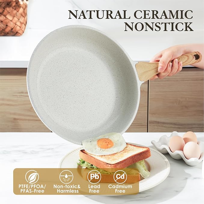 SENSARTE Nonstick Ceramic Frying Pan 12-Inch, Healthy Non Toxic Skillet, Induction Compatible Omelet Pan with Heat Resistant Handle, PFAS-Free, White