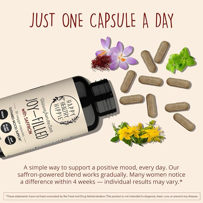 Joy-Filled with Saffron Mood Support Supplement — Daily Mood Support with 30mg Extract + Ashwagandha, Rhodiola, St. John's Wort, Lemon Balm | Saffron Supplements for Emotional Support, Vegan, 30 Ct