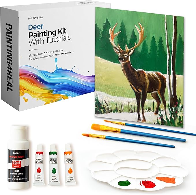 Painting4Real DIY Painting Class Kit for Adults with Video Tutorials: Learn to Paint Deer – How to Paint with Acrylics – Painting & Art Supplies – 9 Piece Acrylic Paint Set