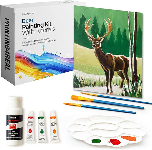 Painting4Real DIY Painting Class Kit for Adults with Video Tutorials: Learn to Paint Deer – How to Paint with Acrylics – Painting & Art Supplies – 9 Piece Acrylic Paint Set