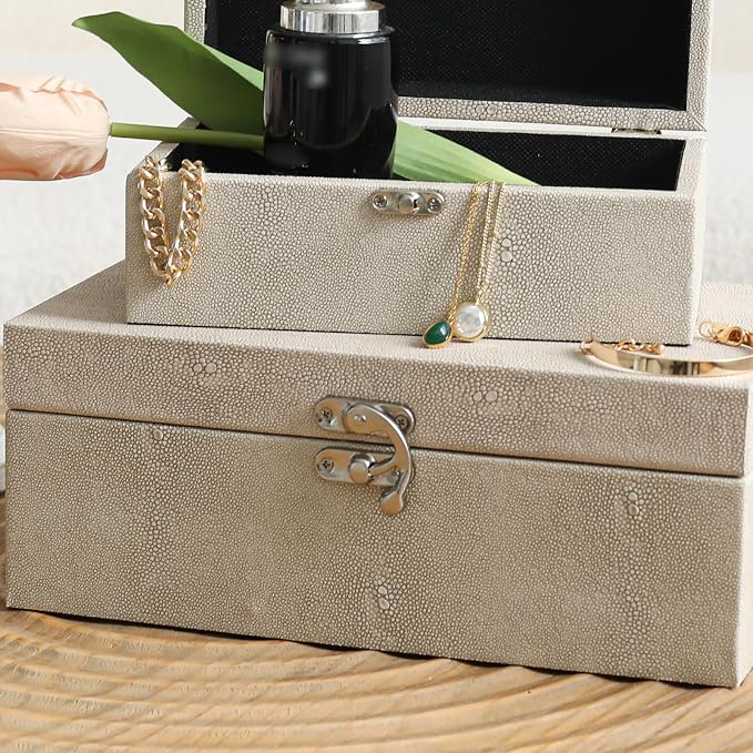 DECOR4SEASON Faux Shagreen Leather Decorative Storage Boxes Set of 2, Ivory | For Keeping Precious Keepsakes, Trinkets, Jewelry And Other Small Items Organized