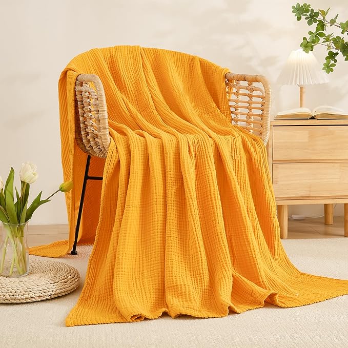 EMME Muslin Blankets for Adults Throw Blanket for Couch Breathable Gauze Soft Lightweight Airy Mustard Yellow Queen 90" x 90"